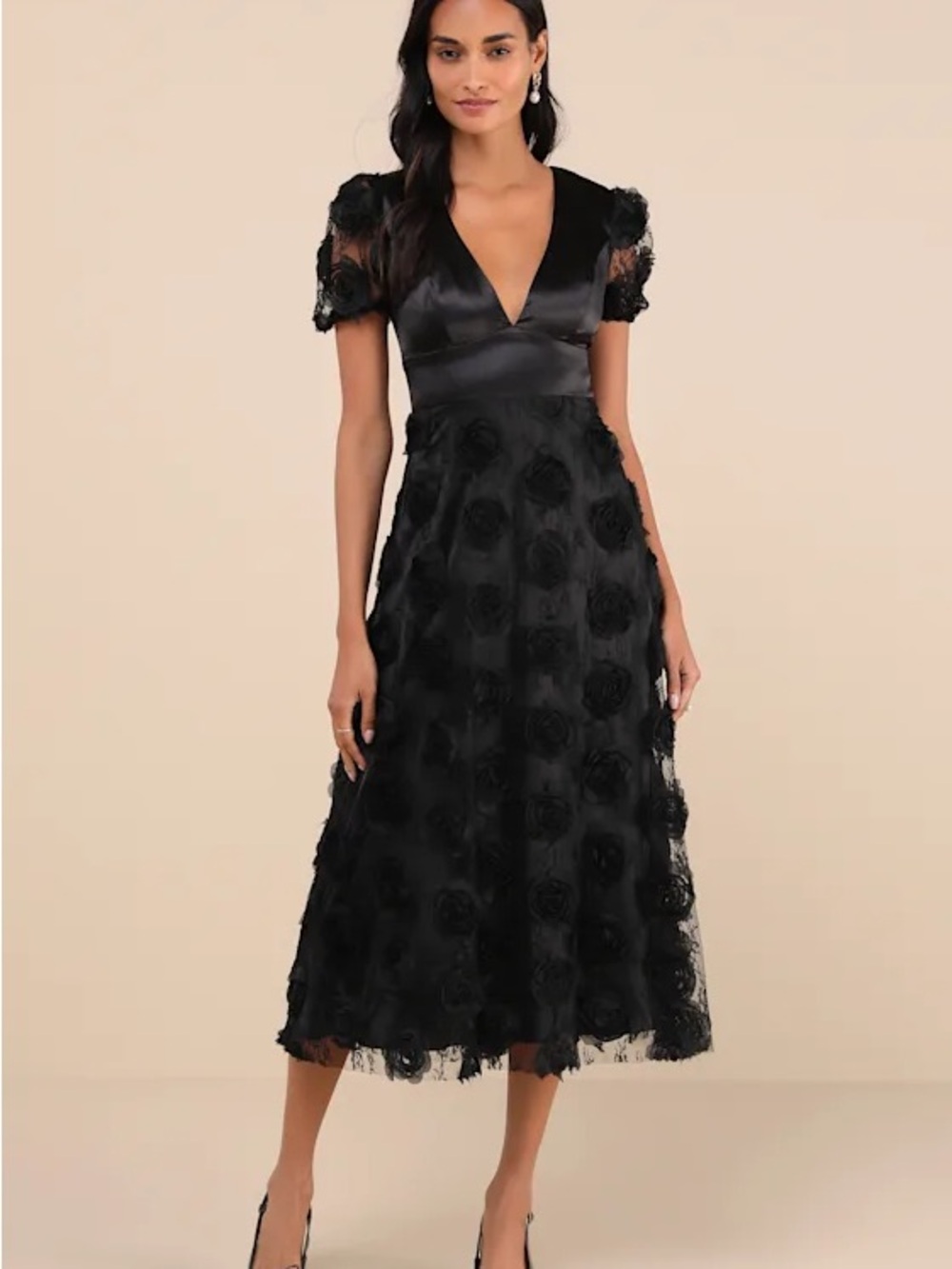 Lulus Gorgeous Elevation Black Lace Rosette Puff Sleeve Midi Dress